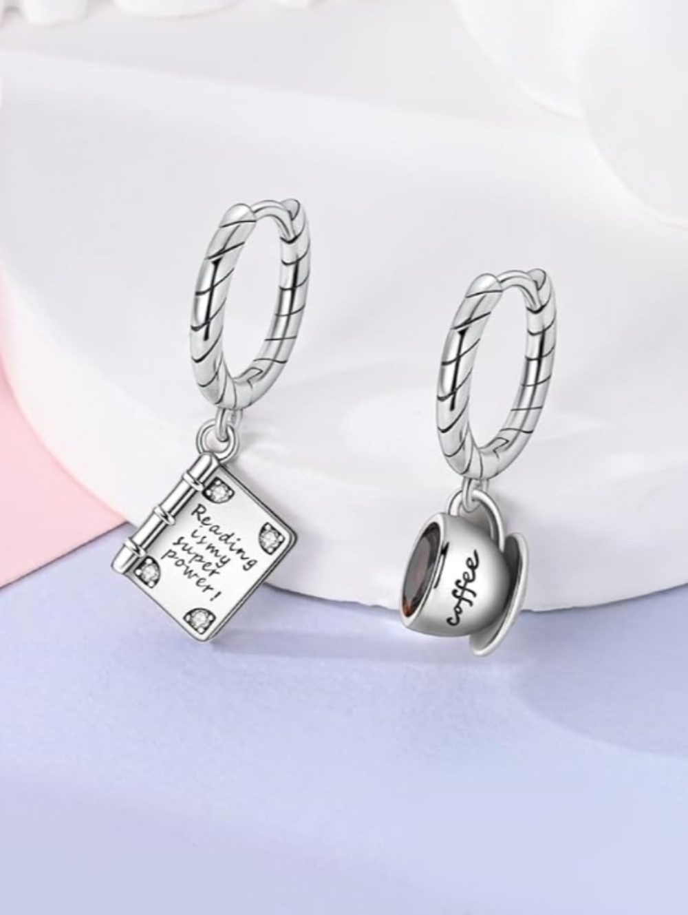 Sterling Silver Book & Coffee Charm Hoop Earrings